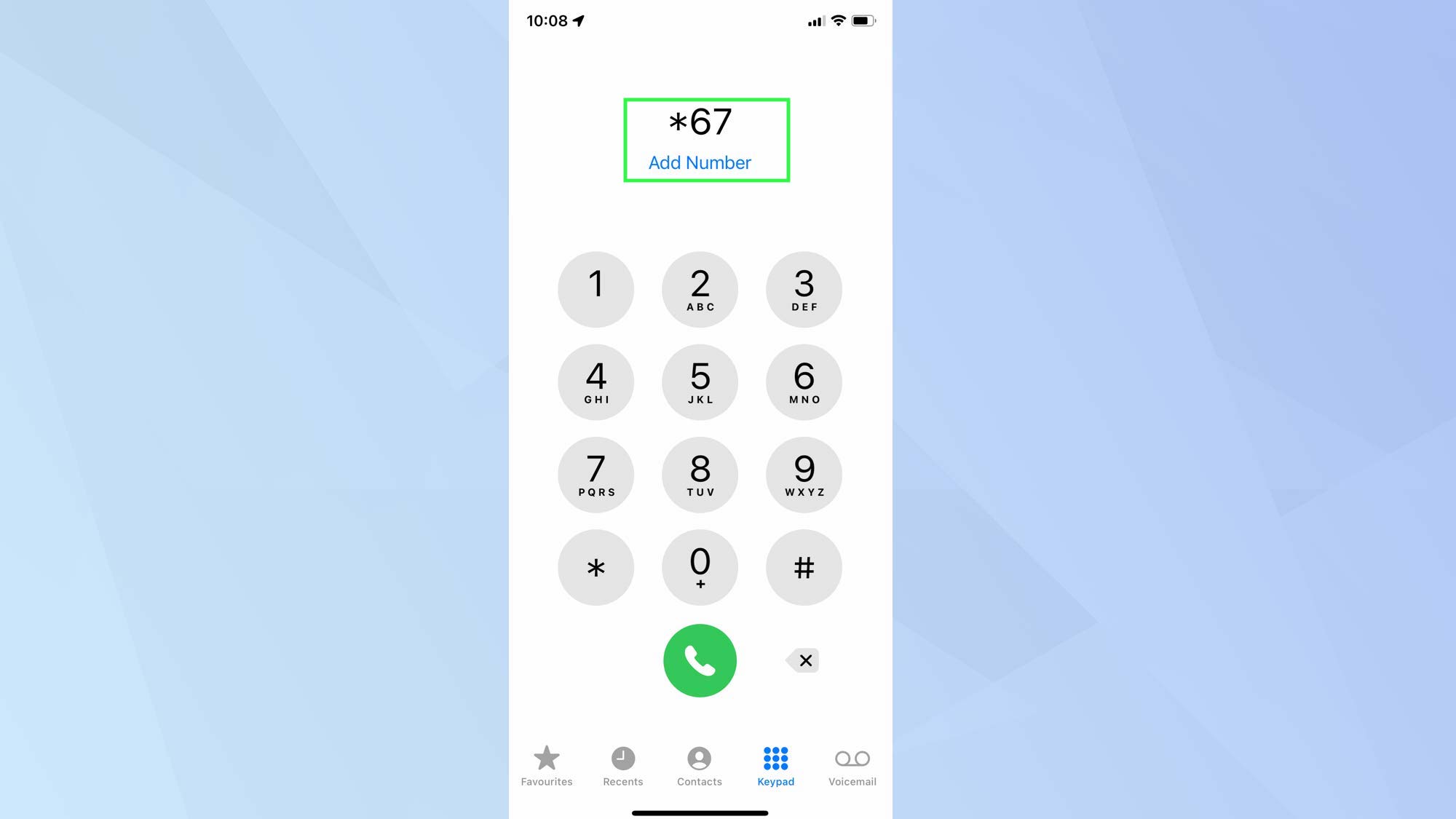Снимок экрана с iPhone, показывающий приложение для телефона с кодом удержания номера.