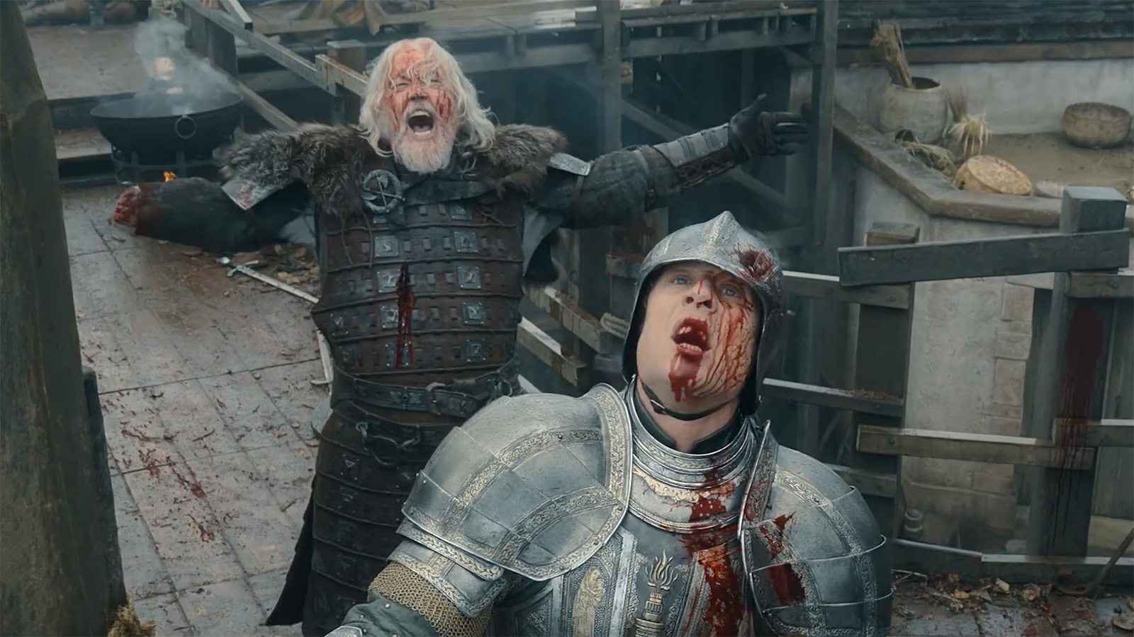 A bloodied Roderick cheering as an injured Ormund screams in House of the Dragon season 3 episode 8