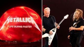 Metallica's Las Vegas Sphere residency poster, and James Hetfield and Kirk Hammett at Principality Stadium on June 28, 2026 in Cardiff, Wales.
