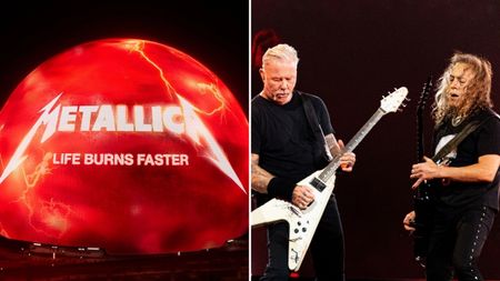 Metallica's Las Vegas Sphere residency poster, and James Hetfield and Kirk Hammett at Principality Stadium on June 28, 2026 in Cardiff, Wales.