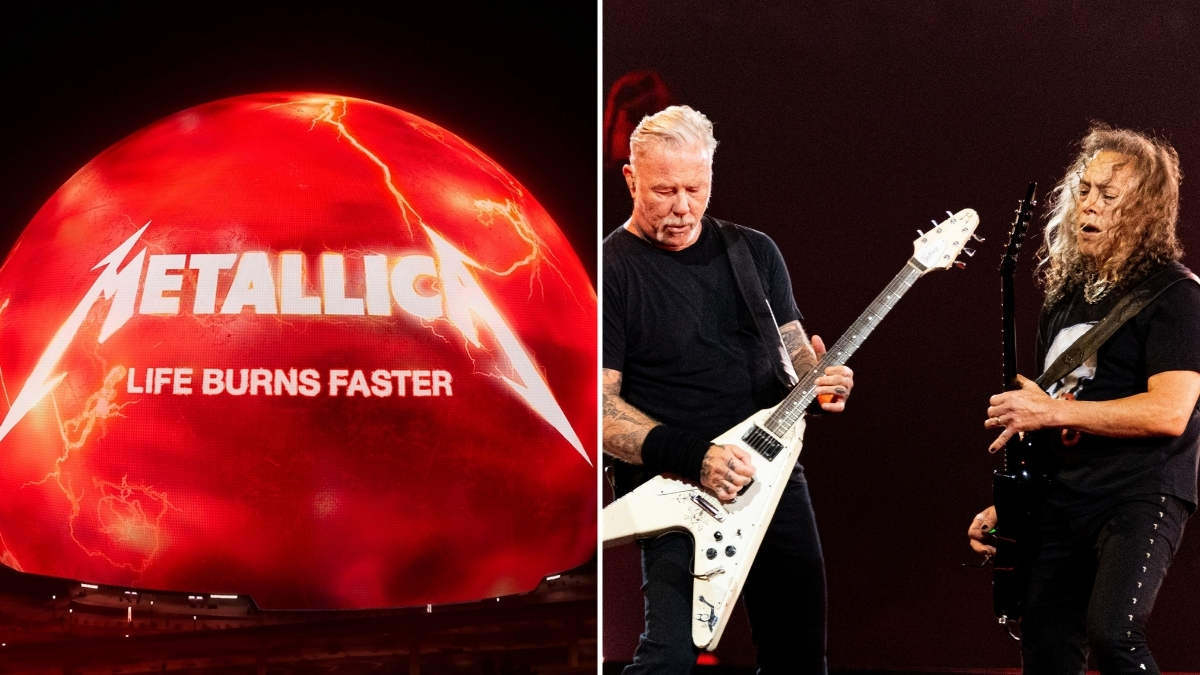 Metallica's Las Vegas Sphere residency poster, and James Hetfield and Kirk Hammett at Principality Stadium on June 28, 2026 in Cardiff, Wales.