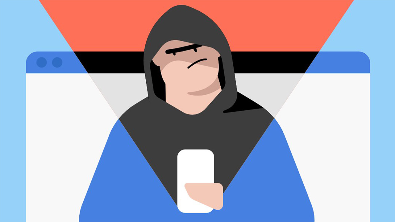 Cartoon of hooded hacker holding smartphone, with website behind them
