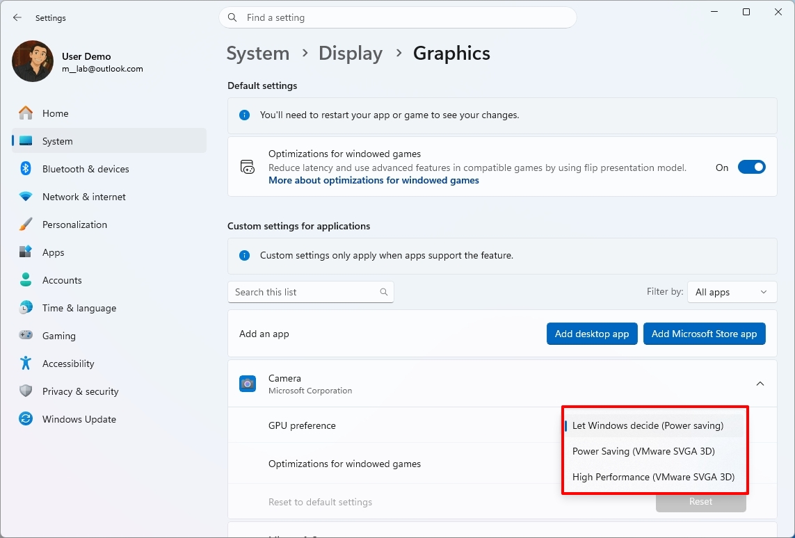 Settings Graphics page changing default GPU for app.