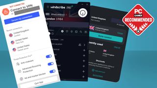 NordVPN, Windscribe, and Surfshark VPN screenshots on top of a blue background with a PC Gamer Recommended label on top.