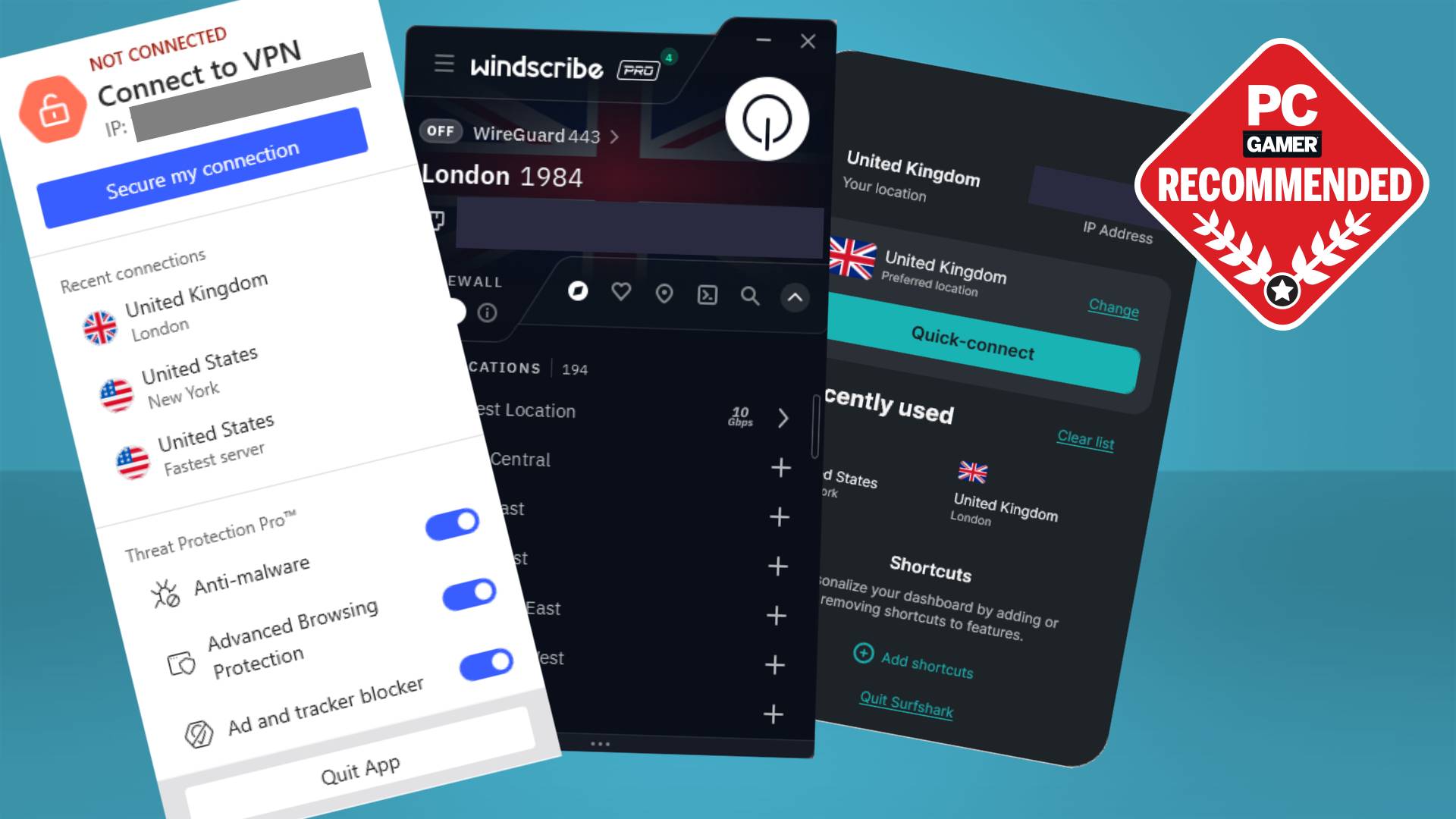 NordVPN, Windscribe, and Surfshark VPN screenshots on top of a blue background with a PC Gamer Recommended label on top.