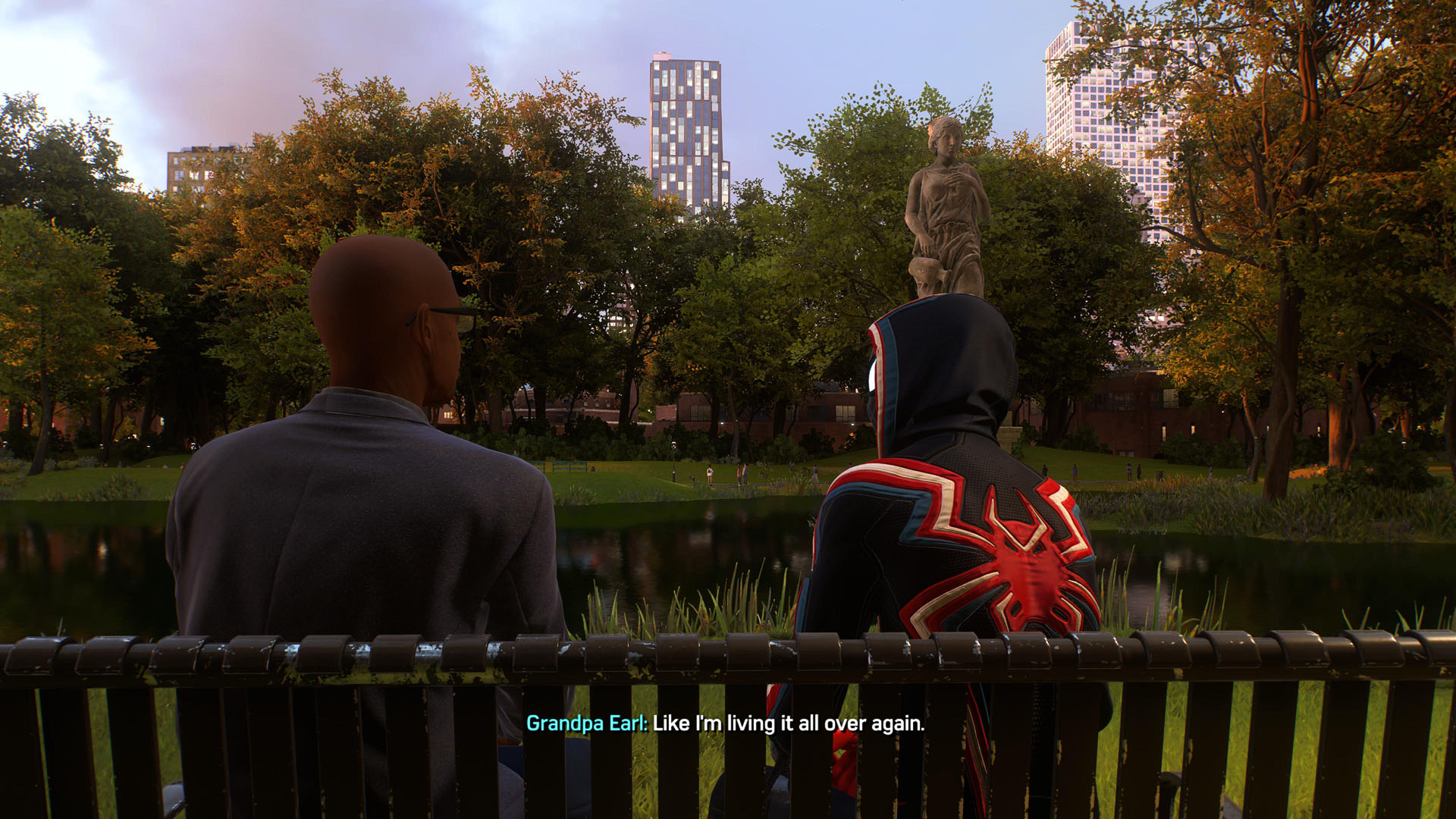 Miles talks with an old man in Central Park in Marvel's Spider-Man 2