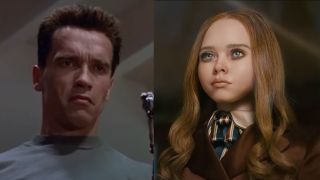 Side by side of Arnold Schwarzenegger in Terminator 2: Judgement Day and M3GAN in M3GAN 2.0