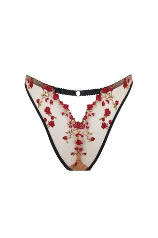 sheer white underwear with red floral embroidery