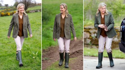 Composite of three images of Duchess Sophie wearing her Ariat Burford Wellies