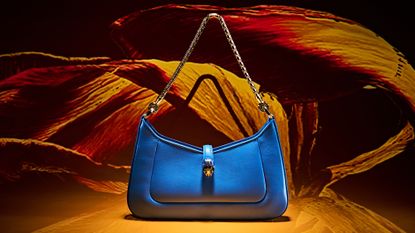 An image of a blue Bulgari bag from the Serpenti range, in the background is a close up image of a flower that has been projected onto the surface