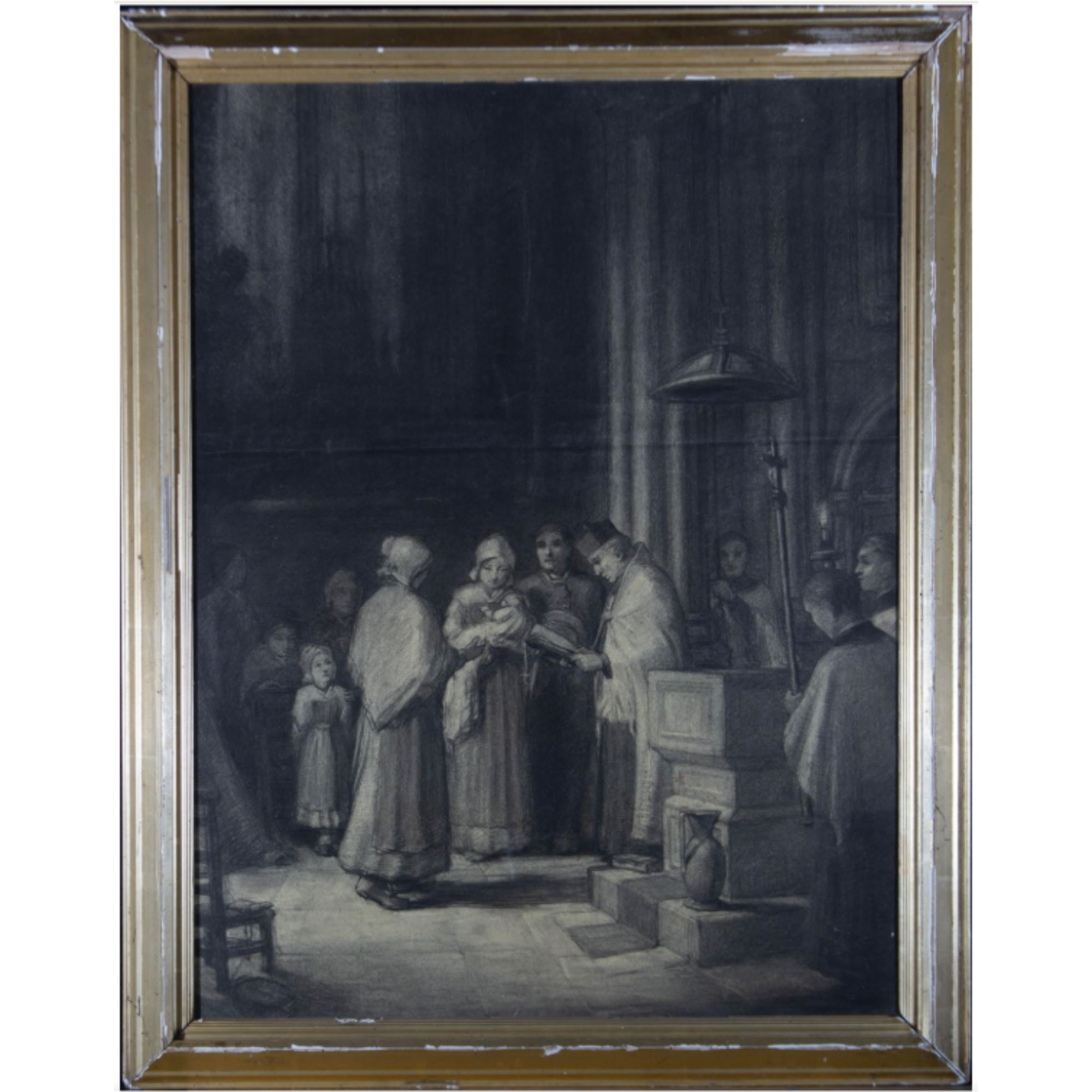 Mid 19th Century Charcoal Drawing - Christening