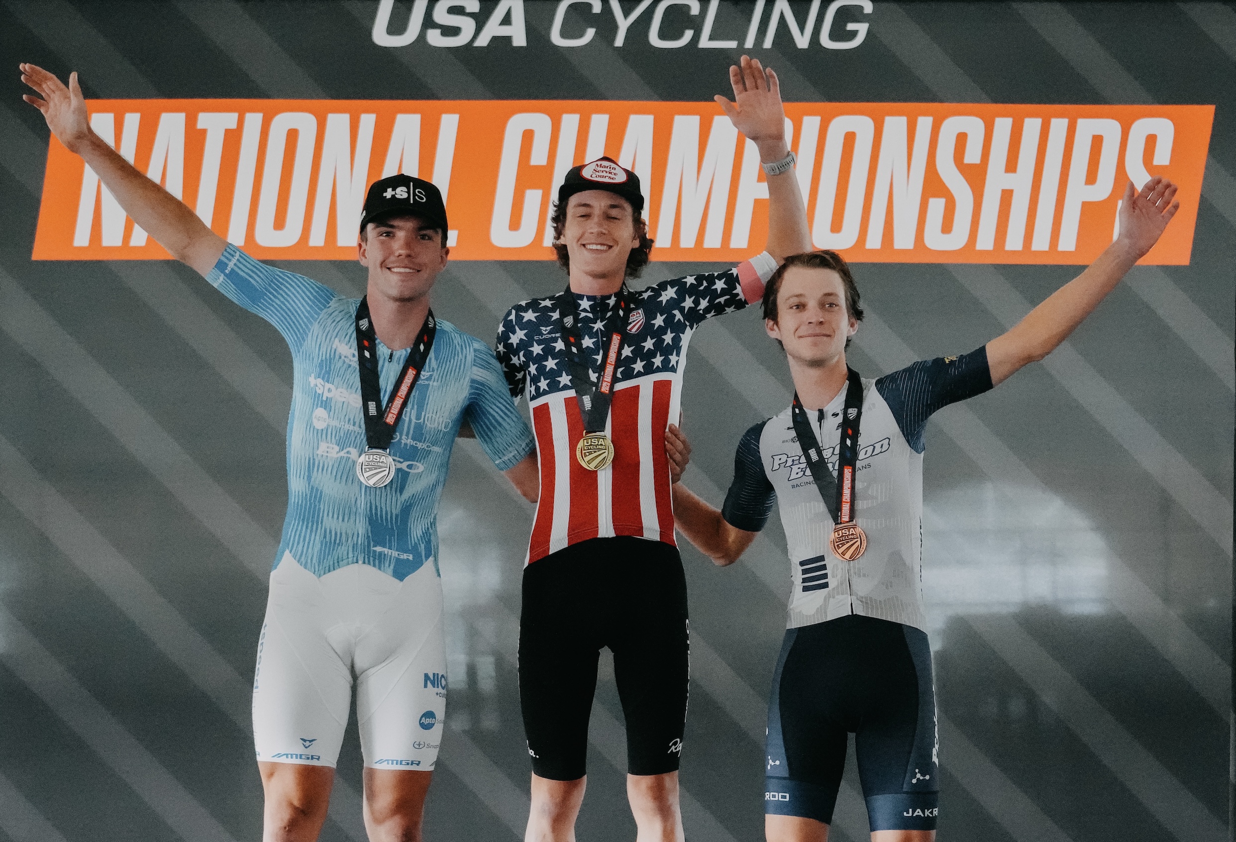 2025 elite men&#039;s podium at USA Cycling Gravel National Championships (L to R): second-placed Michael Garrison, winner Bradyn Lange and third-placed Cole Davis