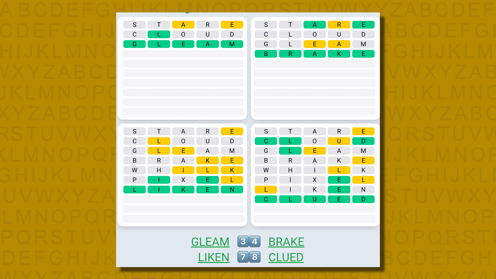 Quordle daily sequence answers for game 590 on a yellow background