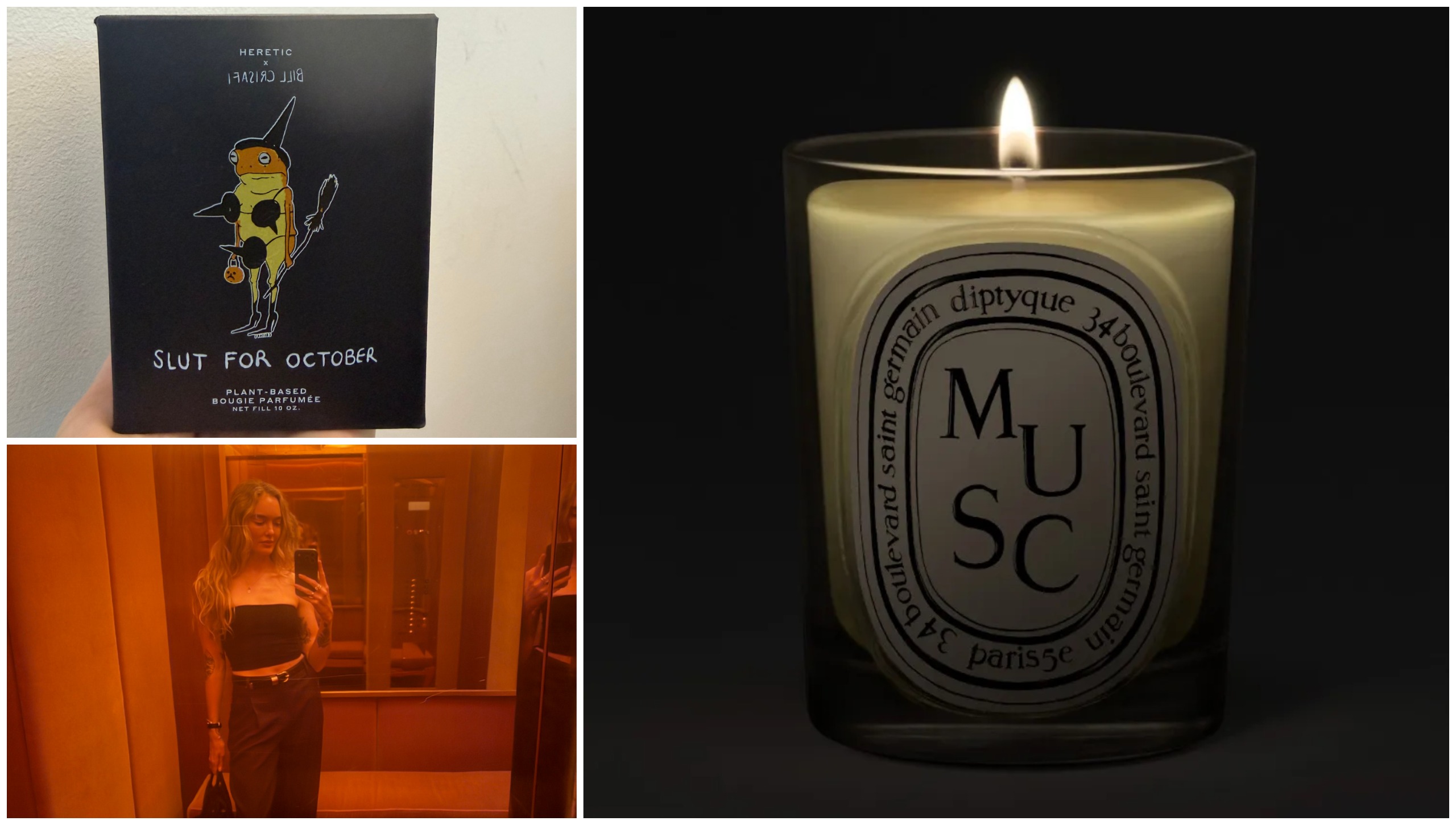 a three image collage of a woman posing in a mirror, a Diptyque candle and a heretic fall candle