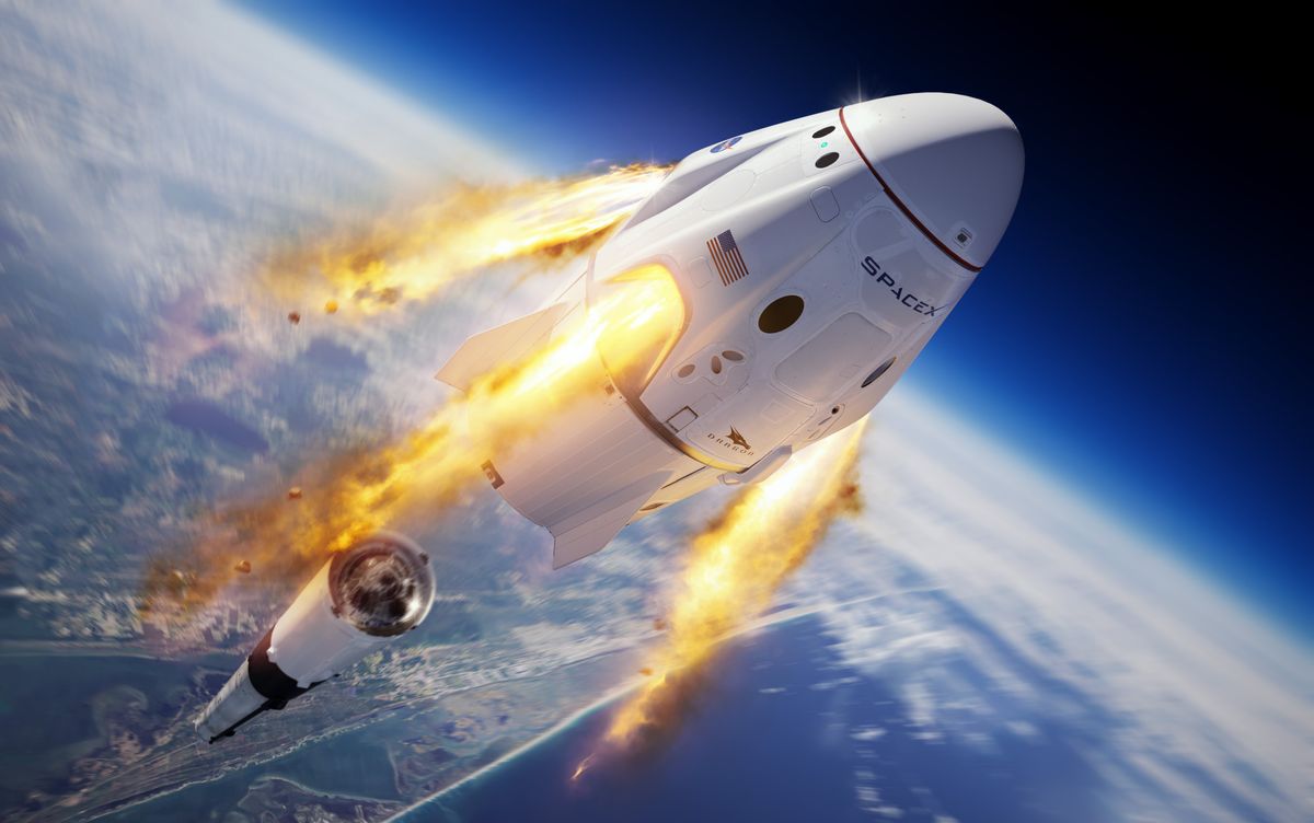 An artist&#039;s impression of SpaceX&#039;s Crew Dragon spacecraft separating from the Falcon 9 rocket during the in-flight abort test.