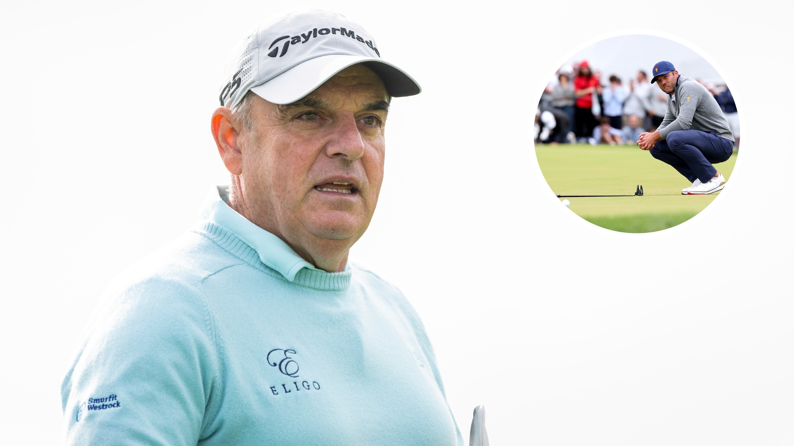 Paul McGinley looks on, with Sam Burns reacting to a missed putt