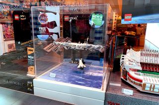 The new Lego Ideas International Space Station toy model set on display in the front window of a Lego Store in Houston, Texas.