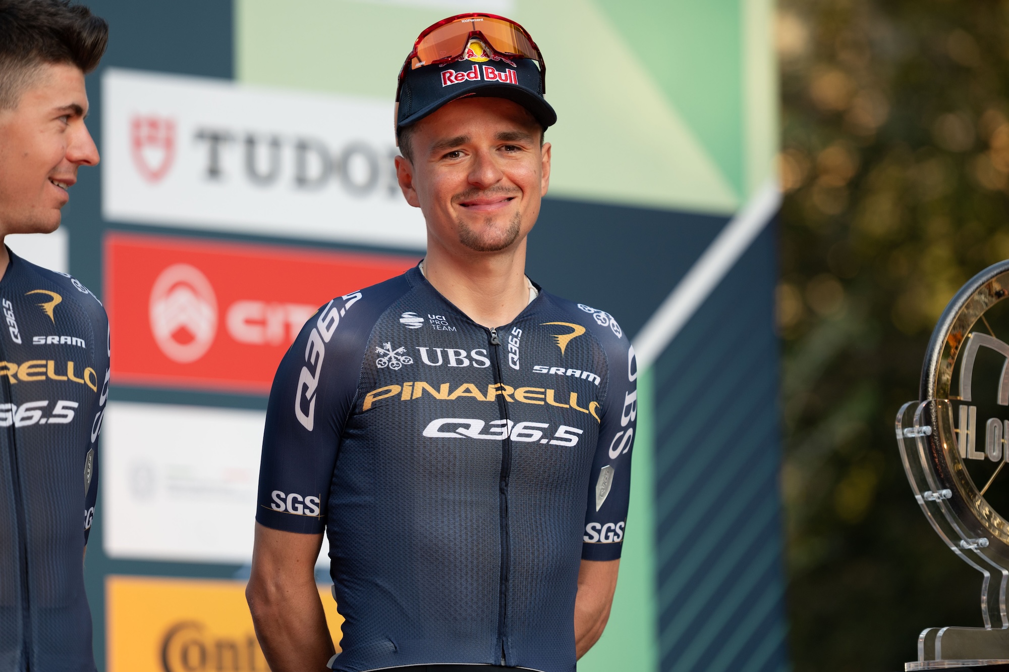 Tom Pidcock of the Pinarello - Q36.5 Pro Cycling Team attends the team presentation for the 120th edition of Il Lombardia in Bergamo, Italy, on October 9, 2026. (Photo by Silvia Colombo/NurPhoto)