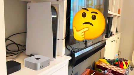 Mac Mini M4 simulated next to PS5 and TV and games with thinking emoji