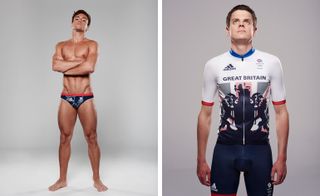Left: Tom Daley in blue swimming shorts with red waistband. Right: Jonny Brownlee in white with the GB crest over the Union Jack