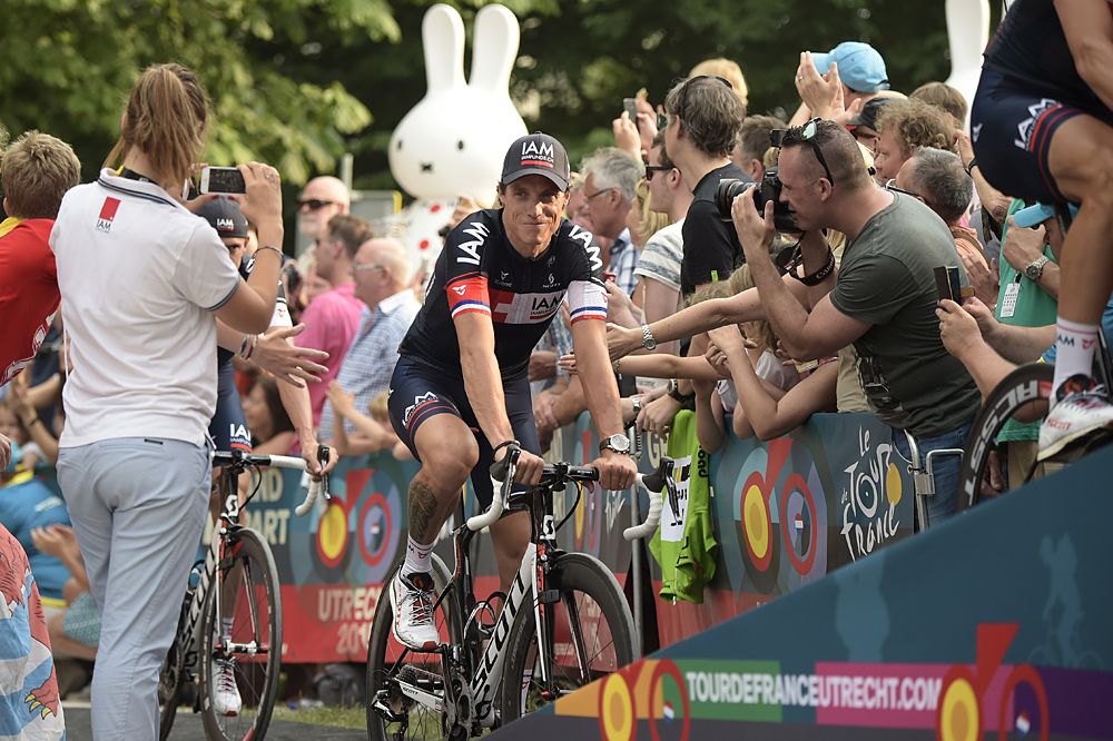 France's Sylvain Chavanel rides towards the stage for the team presentation ceremony at Lepelenburg Park in Utrecht