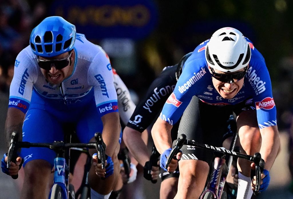 Dutch Dylan Groenewegen of Team Jayco Alula and Belgian Jasper Philipsen of AlpecinDeceuninck sprint to the finish of stage 7 the final stage of the TirrenoAdriatico cycling race 154 km from and to San Benedetto del Tronto in Italy Sunday 12 March 2023 BELGA PHOTO DIRK WAEM Photo by DIRK WAEM BELGA MAG Belga via AFP Photo by DIRK WAEMBELGA MAGAFP via Getty Images