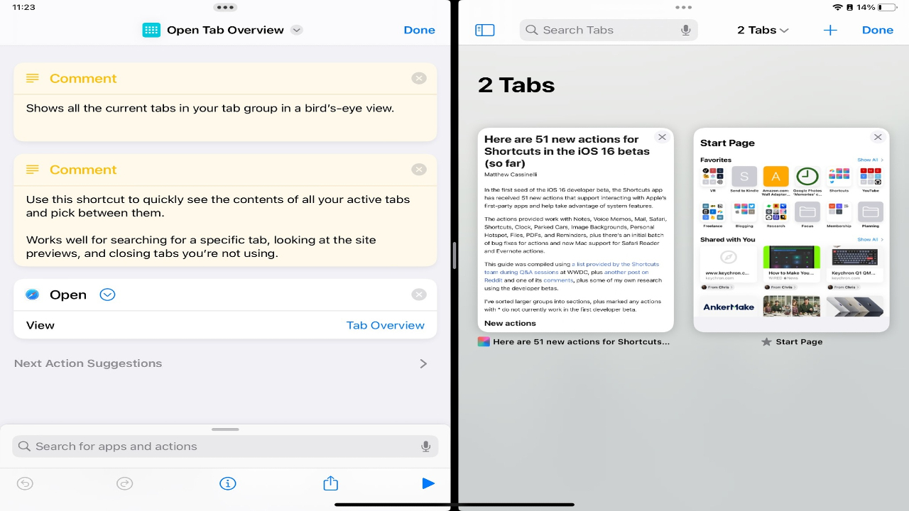 Screenshot of the Open Tab Overview shortcut side-by-side with Safari open to the same view.