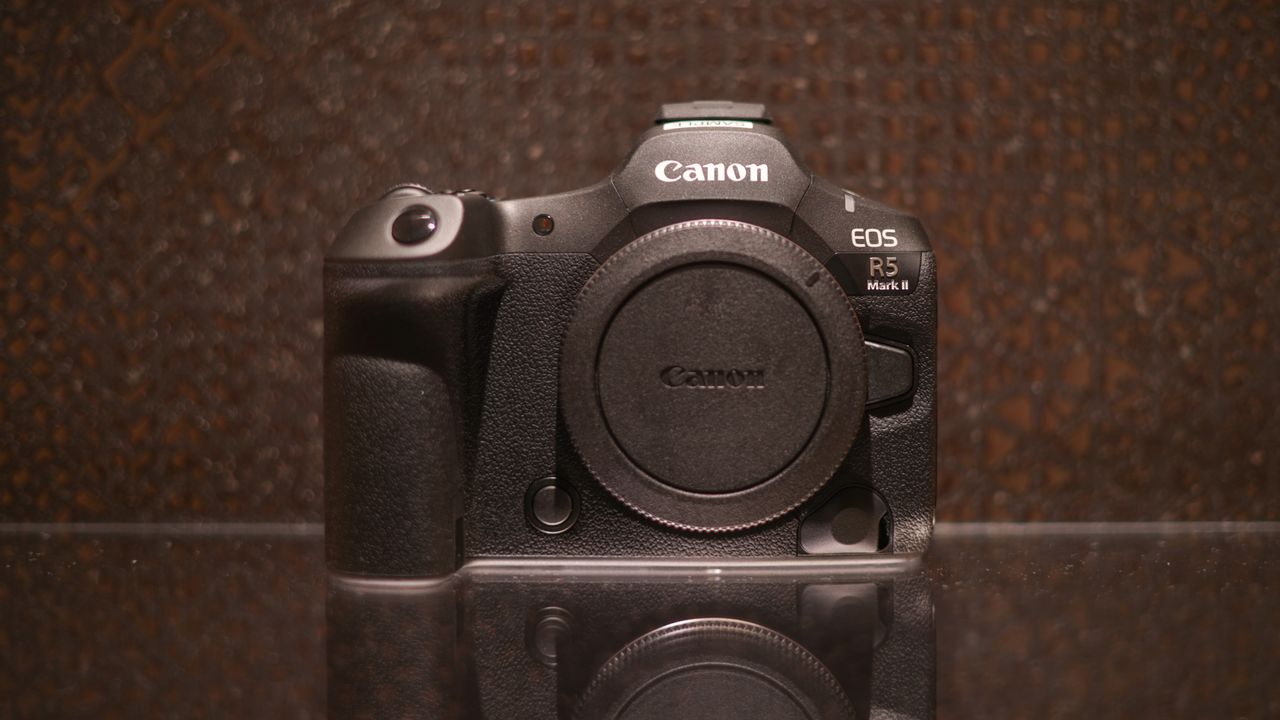 Canon EOS R5 Mark II against a dark background