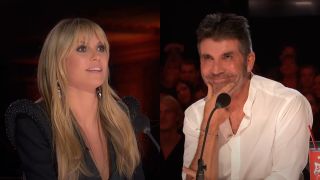 Left: Heidi Klum looking shocked on AGT. Right: Simon Cowell smrking in a white button down on America's Got Talent.