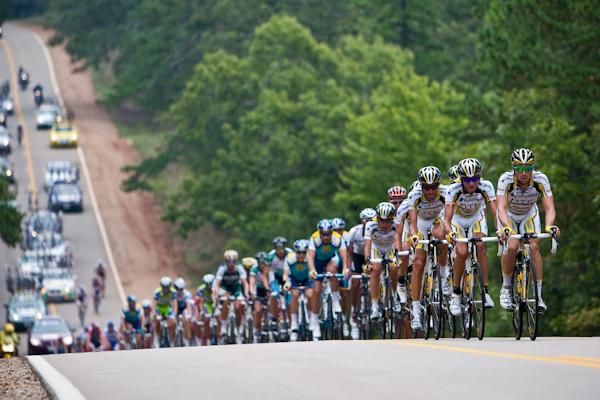 The peloton strings out with Columbia-HTC firmly in control of the pace.