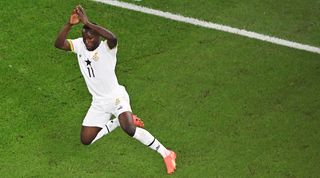 Ghana's Osman Bukari celebrates Cristiano Ronaldo-style after his goal for Ghana against Portugal at the 2022 World Cup.