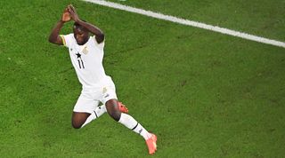 Ghana&#039;s Osman Bukari celebrates Cristiano Ronaldo-style after his goal for Ghana against Portugal at the 2022 World Cup.