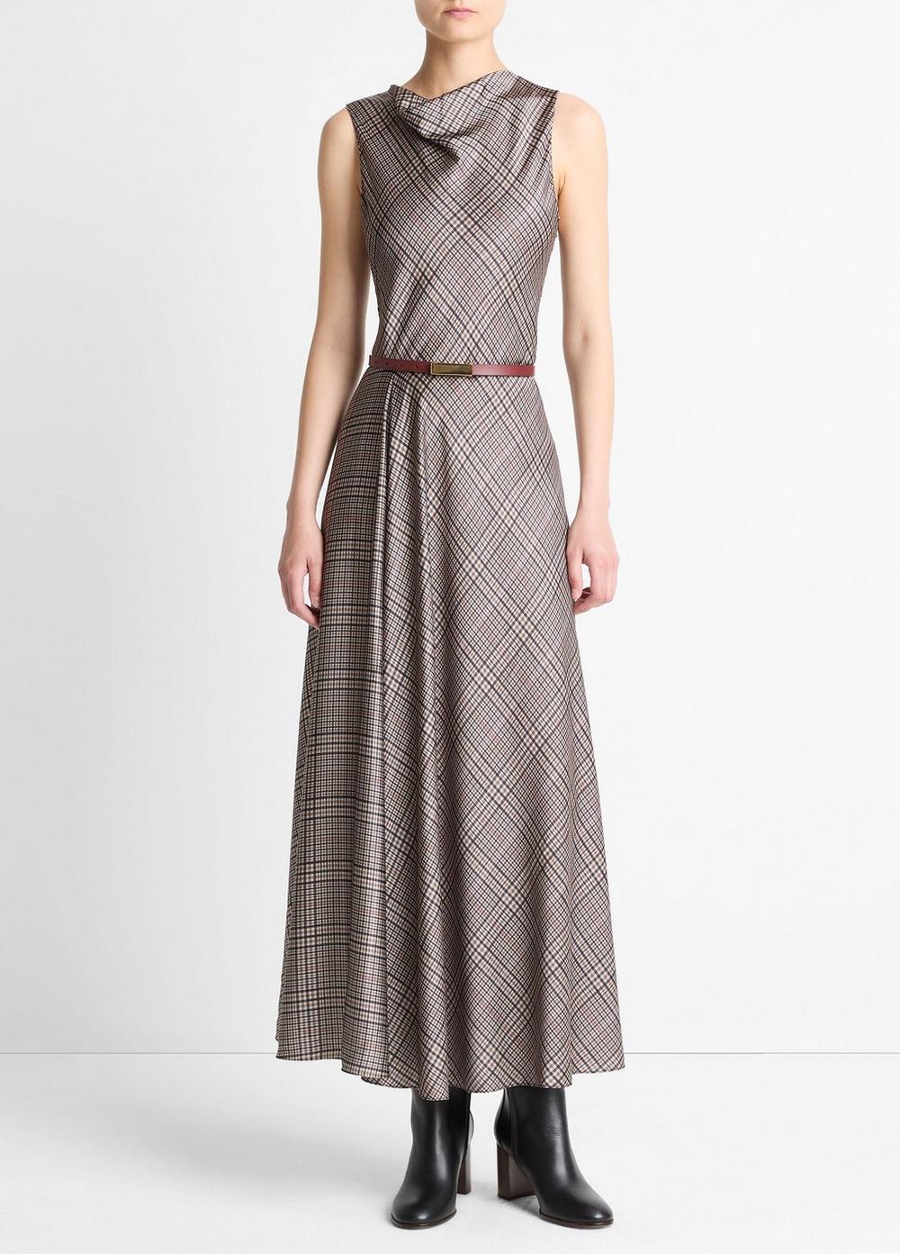 Pressed Plaid Satin Cowl-Neck Dress