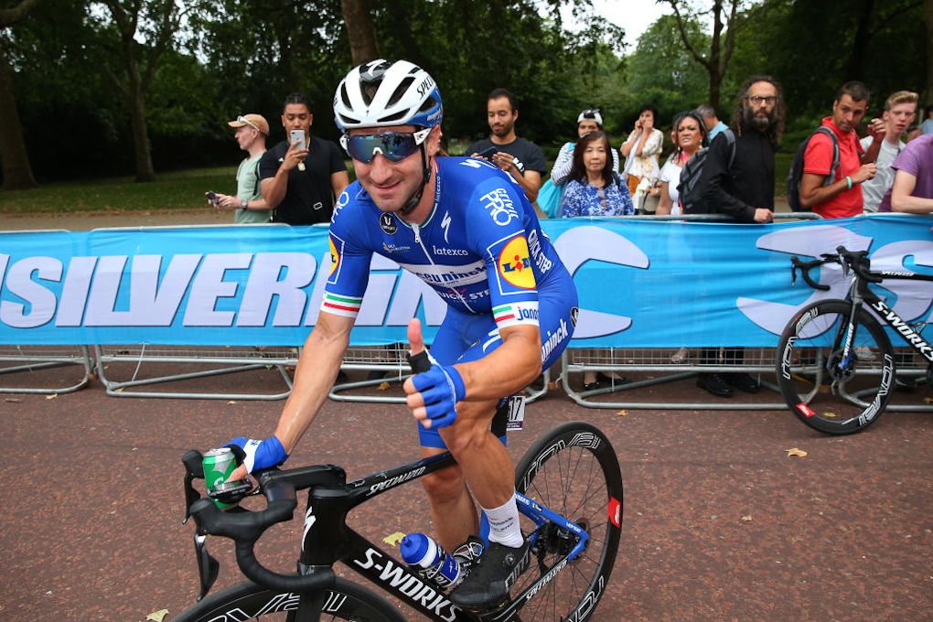 A happy Elia Viviani gives a thumbs up to winning the 2019 RideLodon-Surrey Classic
