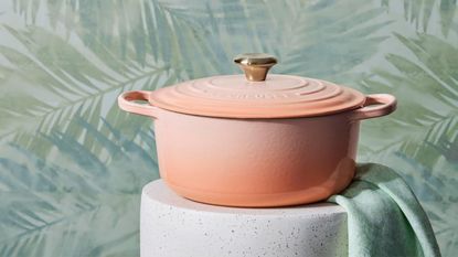 A peach pink gradient Dutch oven on a marble plinth, with a green leaf wallpaper in the background.