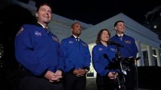 Artemis II Commander Reid Wiseman, Pilot Victor Glover, Mission Specialist Christina Koch and Mission Specialist Jeremy Hansen talk to reporters outside the West Wing 