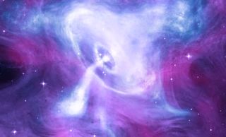 A stunning composite image of the crab nebula combines optical light from the Hubble (purple) with X-rays from Chandra (blue and white) and infrared data from Spitzer (pink).