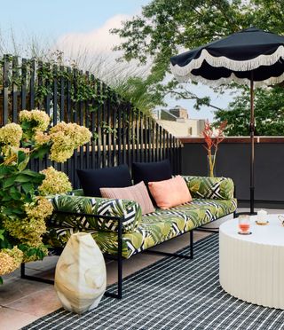 outdoor sofa with tropical print