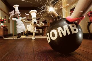 Wallace and Gromit run to stop a bomb from exploding