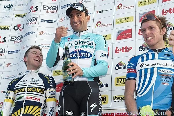 Francesco Chicchi (Omega Pharma-Quickstep) celebrates his win in Nokere Koerse 2012