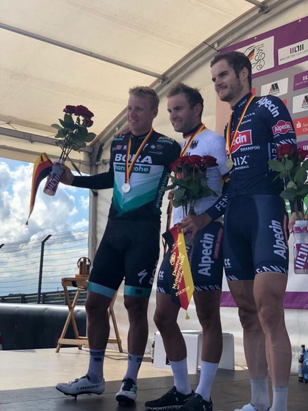 Marcel Meisen (Alpecin-Fenix) the new German champion with Pascal Ackermann (Bora-Hansgrohe) and teammate Alexander Krieger