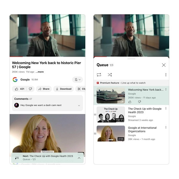 YouTube's Premium-only video queueing feature on Android and iOS phones and tablets.