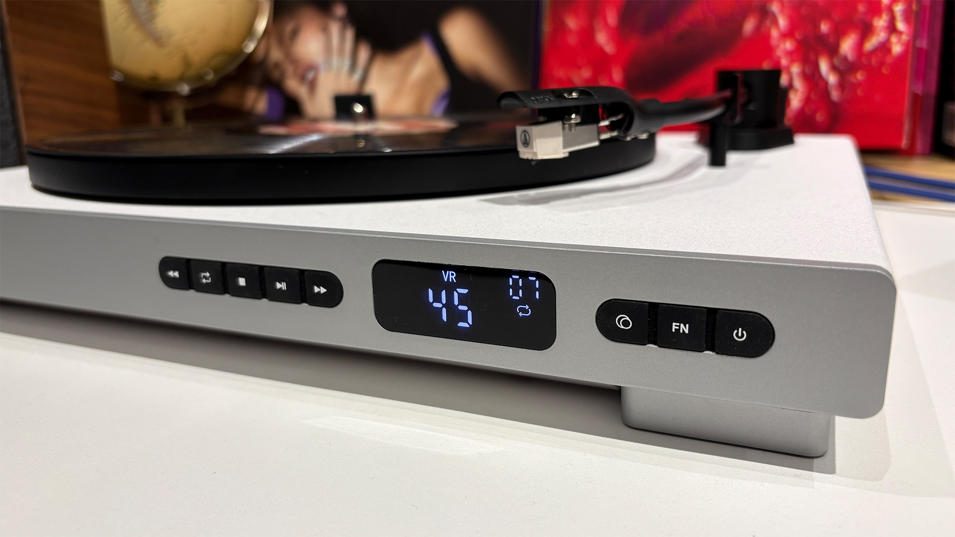 Mixx Analog+ turntable/CD player close up on display and controls