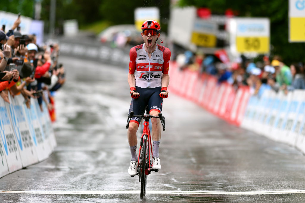 VILLARSSUROLLON SWITZERLAND JUNE 13 Mattias Skjelmose Jensen of Denmark and Team TrekSegafredo celebrates at finish line as stage winner during the 86th Tour de Suisse 2023 Stage 3 a 1438km stage from Tafers to VillarssurOllon 1256m UCIWT on June 13 2023 in VillarssurOllon Switzerland Photo by Dario BelingheriGetty Images