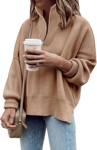 Imily Bela, Imily Bela Womens Tunic Sweater Fall Long Sleeve 1/4 Zip Pullover Sweaters Oversized Slouchy Ribbed Knit Sweatshirt With Slit Light Brown