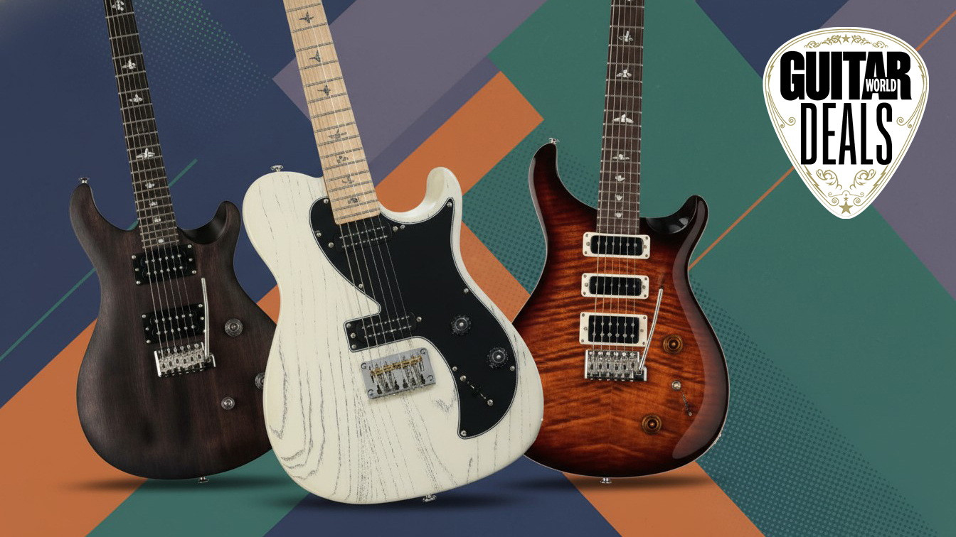 Three PRS guitars on a colourful, angular background