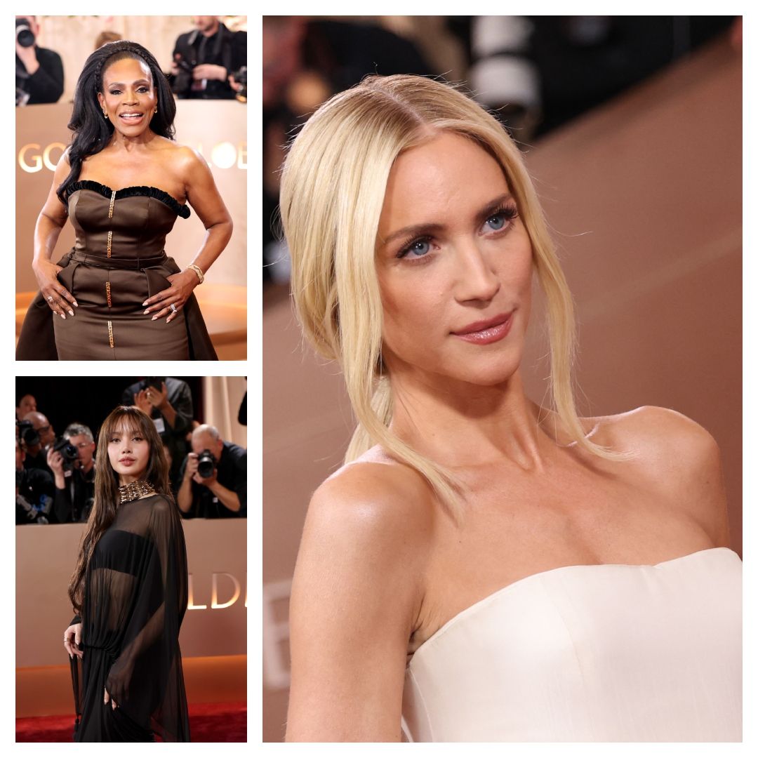 collage of best beauty looks from the golden globes
