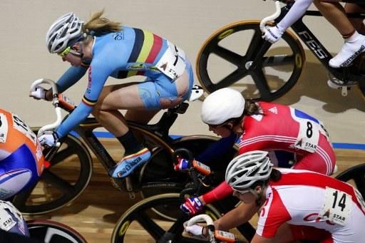 Julien D'Hoore (Belgium) races in the women's omnium scratch race