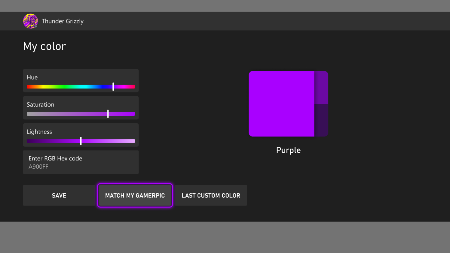 Xbox personalization settings showing a custom color picker, hex code input, and a "Match My Gamerpic" option with a purple theme selected.