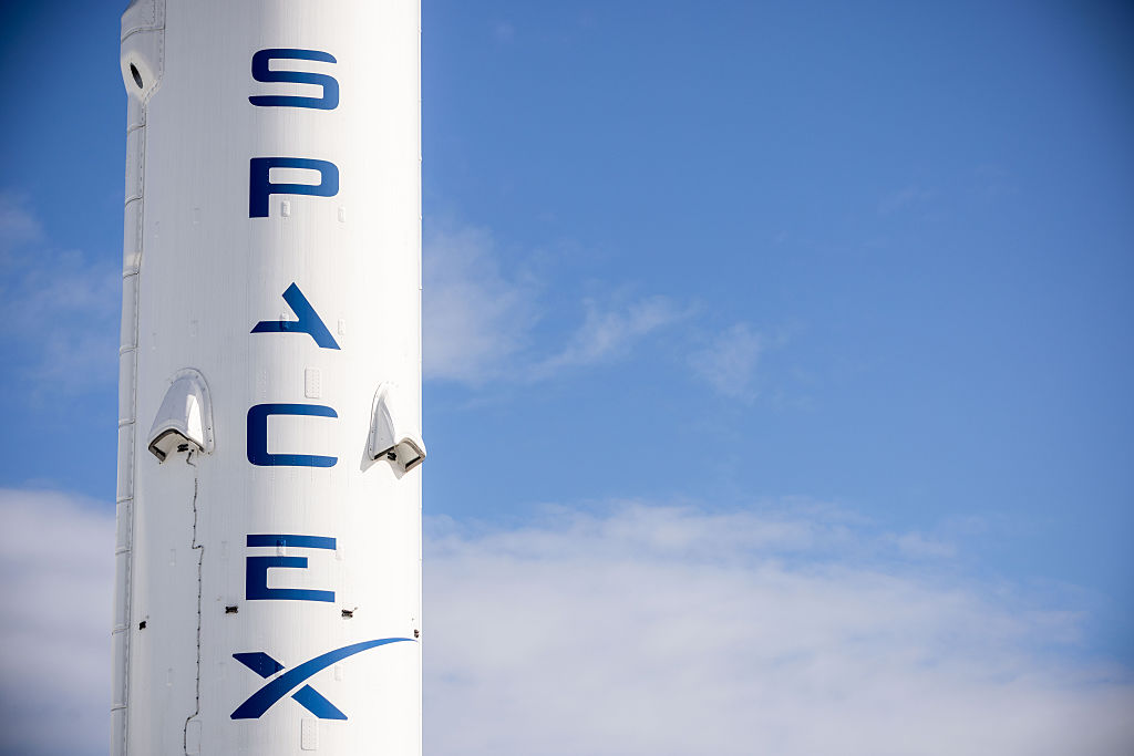 A SpaceX Falcon 9 reusable rocket booster on display outside the company's facilities in Hawthorne, California, US, on Monday, April 13, 2026